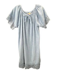 Vintage Sears Beached Swim Coverup Dress M Terry Cloth Lace Trim Blue Pockets